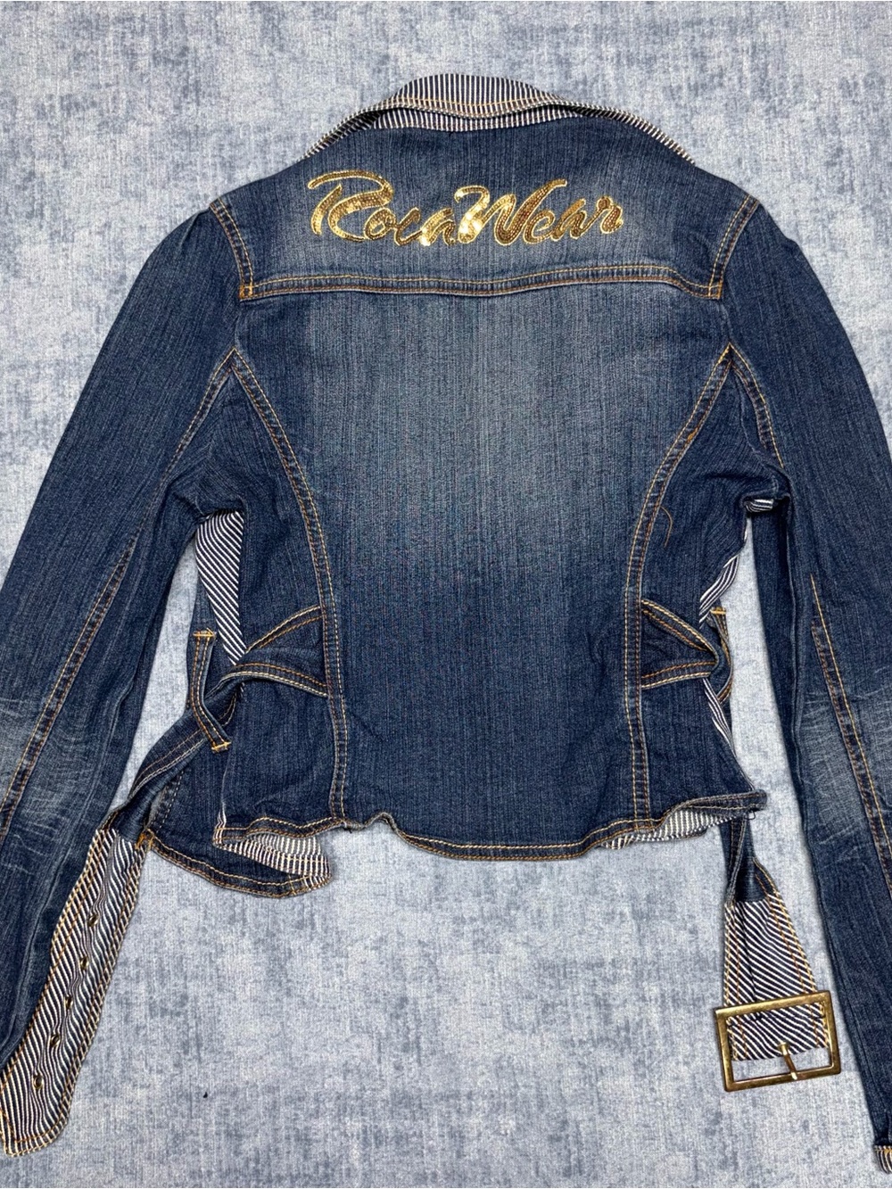 Vintage Y2k Rocawear Dark Blue Denim Jacket with Gold Script